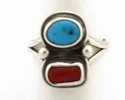 Navajo Ring 925 Silver SB Turquoise & Red Coral Native American Artist C.80s