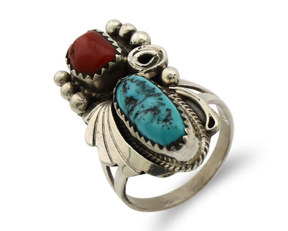 Navajo Ring .925 Silver Turquoise & Coral Artist Signed Justin Morris C.80's