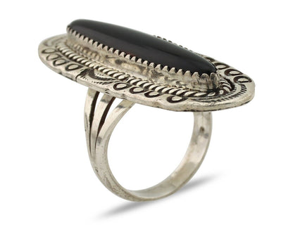 Navajo Ring 925 Silver Onyx Hand Stamped Native American Artist C.80's