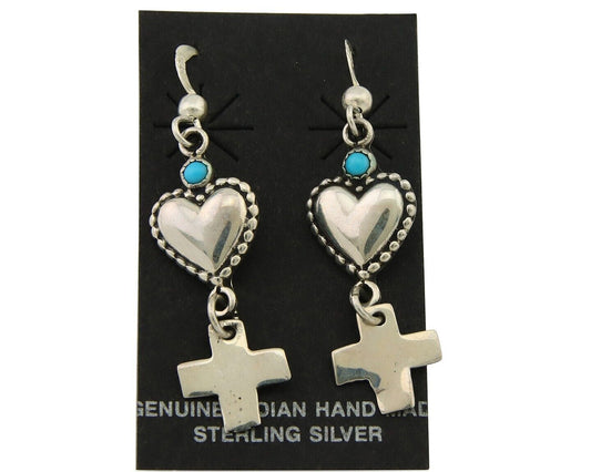 Navajo Earrings 925 Silver Heart Cross Turquoise Native American Artist C.80's