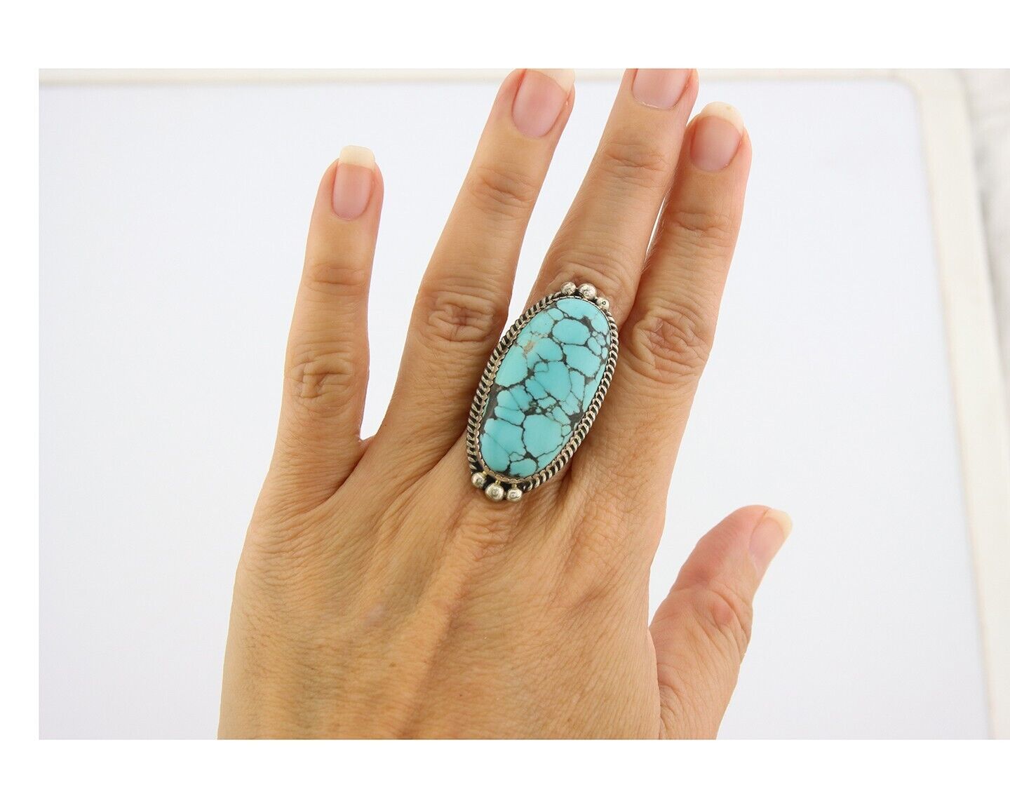 Navajo Ring 925 Sterling Spiderweb Blue Turquoise Native Artist C.80's Size 7.0