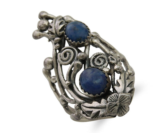 Navajo Ring 925 Silver Natural Denim Lapis Artist Signed Prairie Fire C.80's