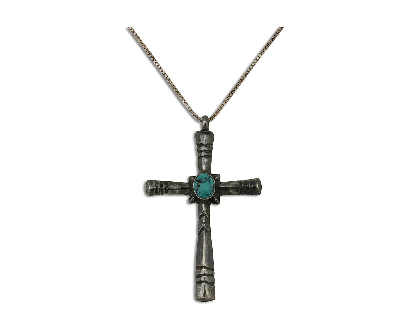 Navajo Sand Cast Cross Pendant 925 Silver Turquoise Native Artist C.80s