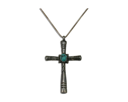 Navajo Sand Cast Cross Pendant 925 Silver Turquoise Native Artist C.80s
