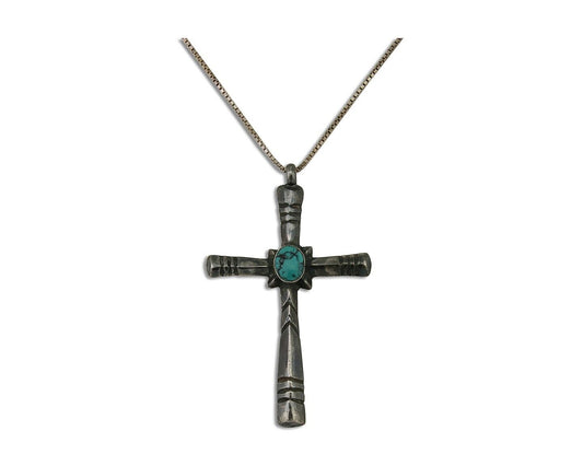 Navajo Sand Cast Cross Pendant 925 Silver Turquoise Native Artist C.80s