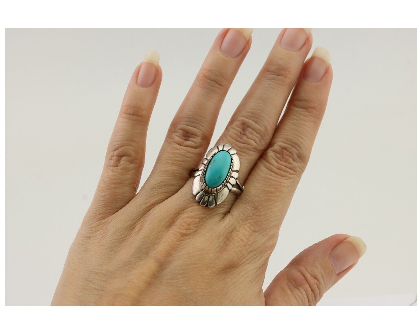 Navajo Ring 925 Silver Kingman Turquoise Signed M Montoya Size 9.25 C.80's