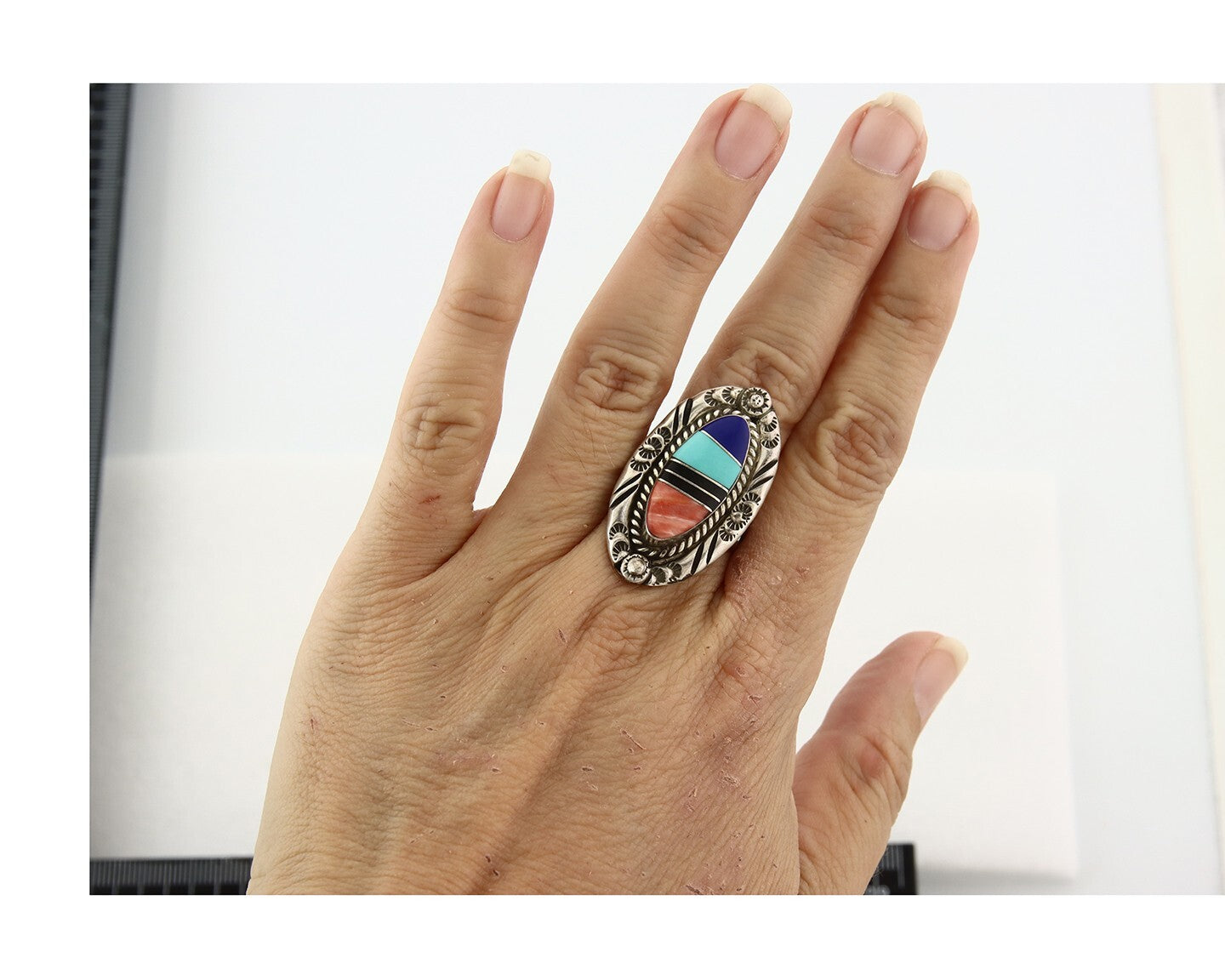 Vintage Zuni Ring 925 Sterling Silver Gemstone Signed V&N Edsitty Size 8.5