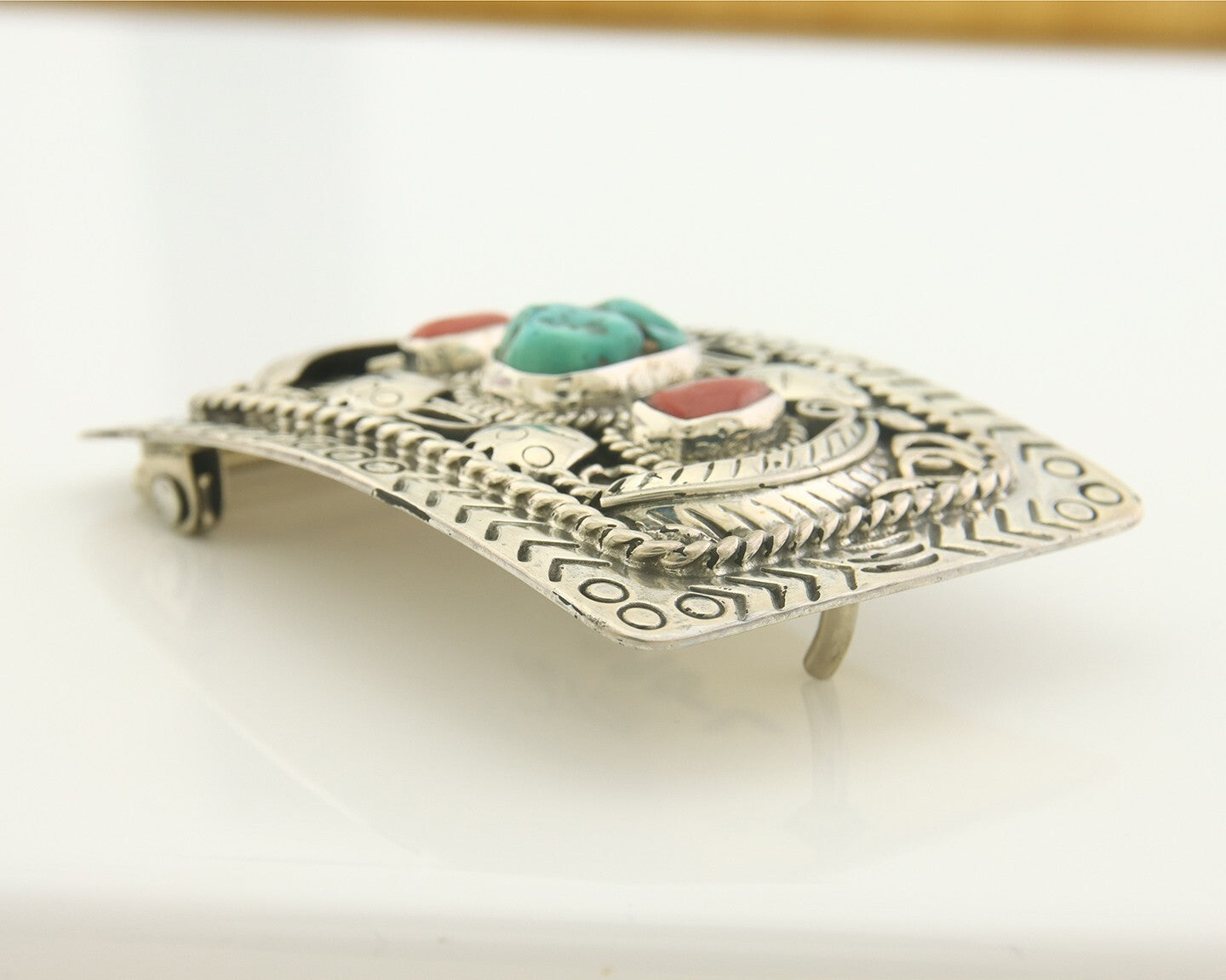 Navajo Belt Buckle 925 Sterling Silver Signed Teepee on Hill 1.9 x 2.9 in C.80's