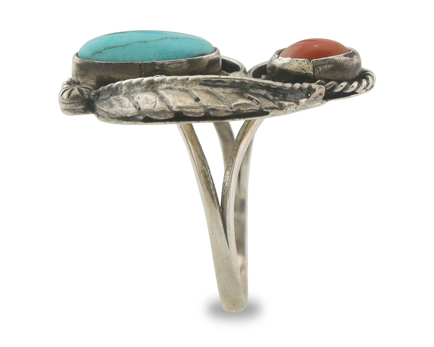 Navajo Ring 925 Sterling Natural Coral & Turquoise Signed EH C.80's Size 7.0