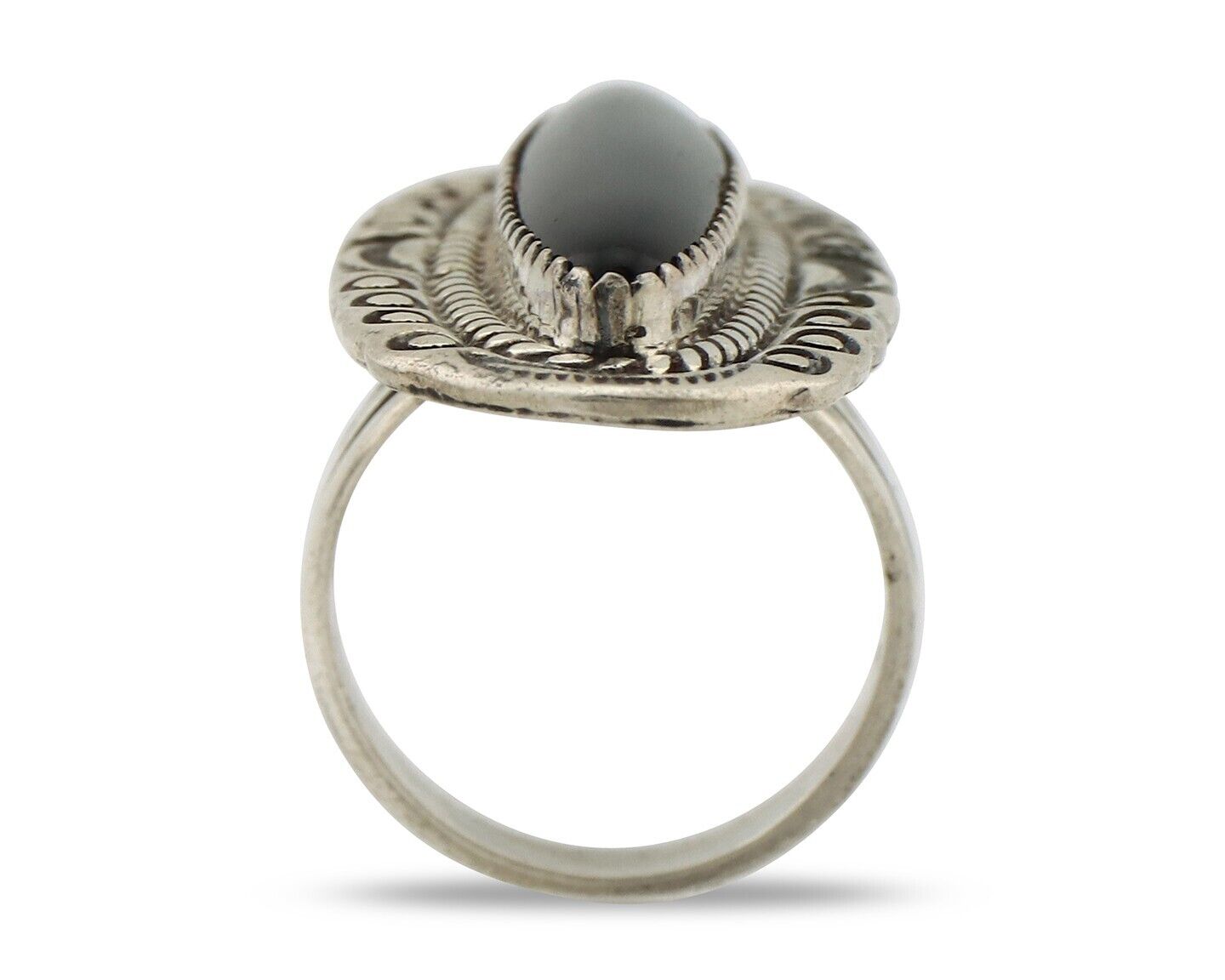 Navajo Ring 925 Silver Onyx Hand Stamped Native American Artist C.80's