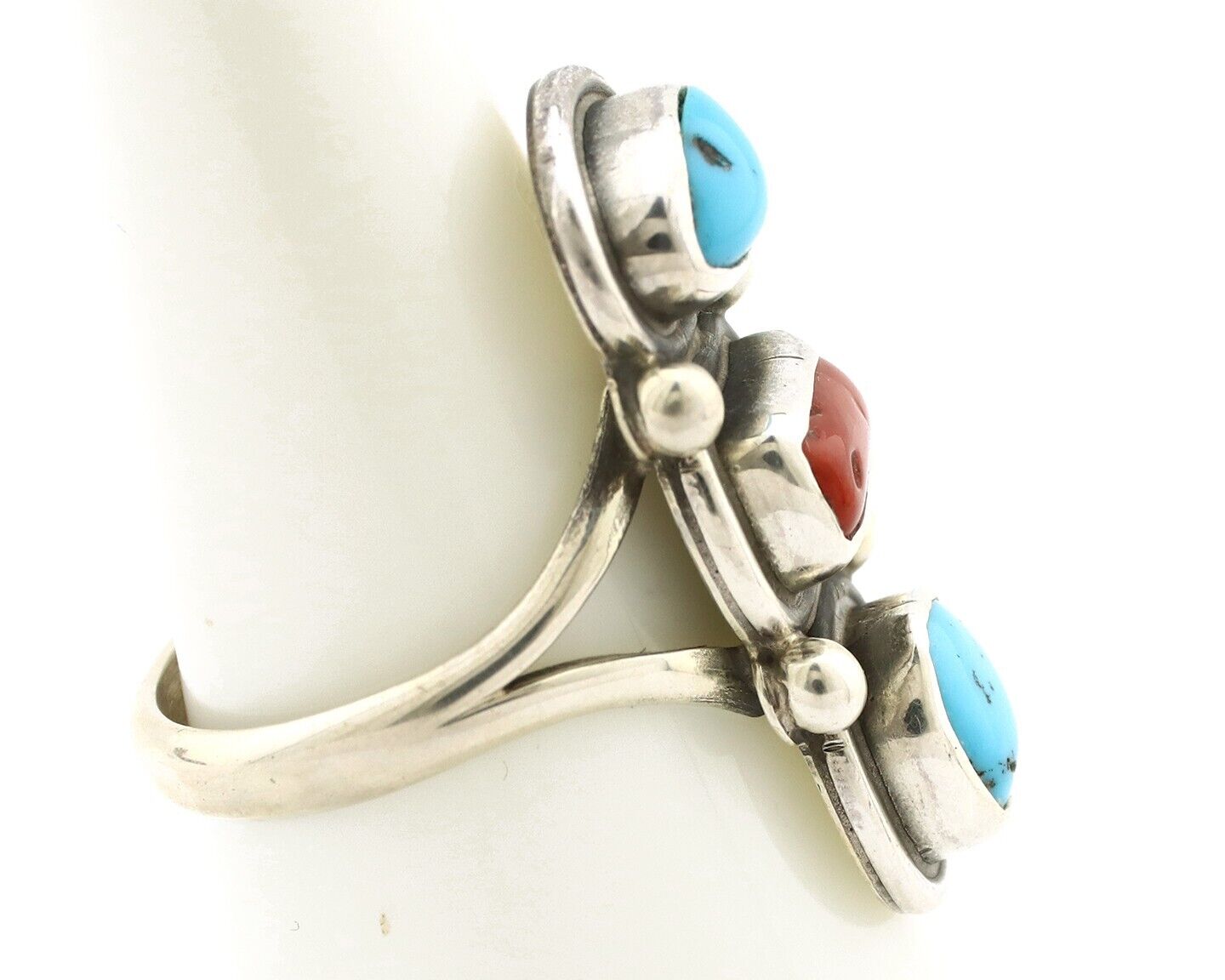 Navajo Ring 925 Silver Sleeping B Turquoise & Coral Native American Artist C.80s