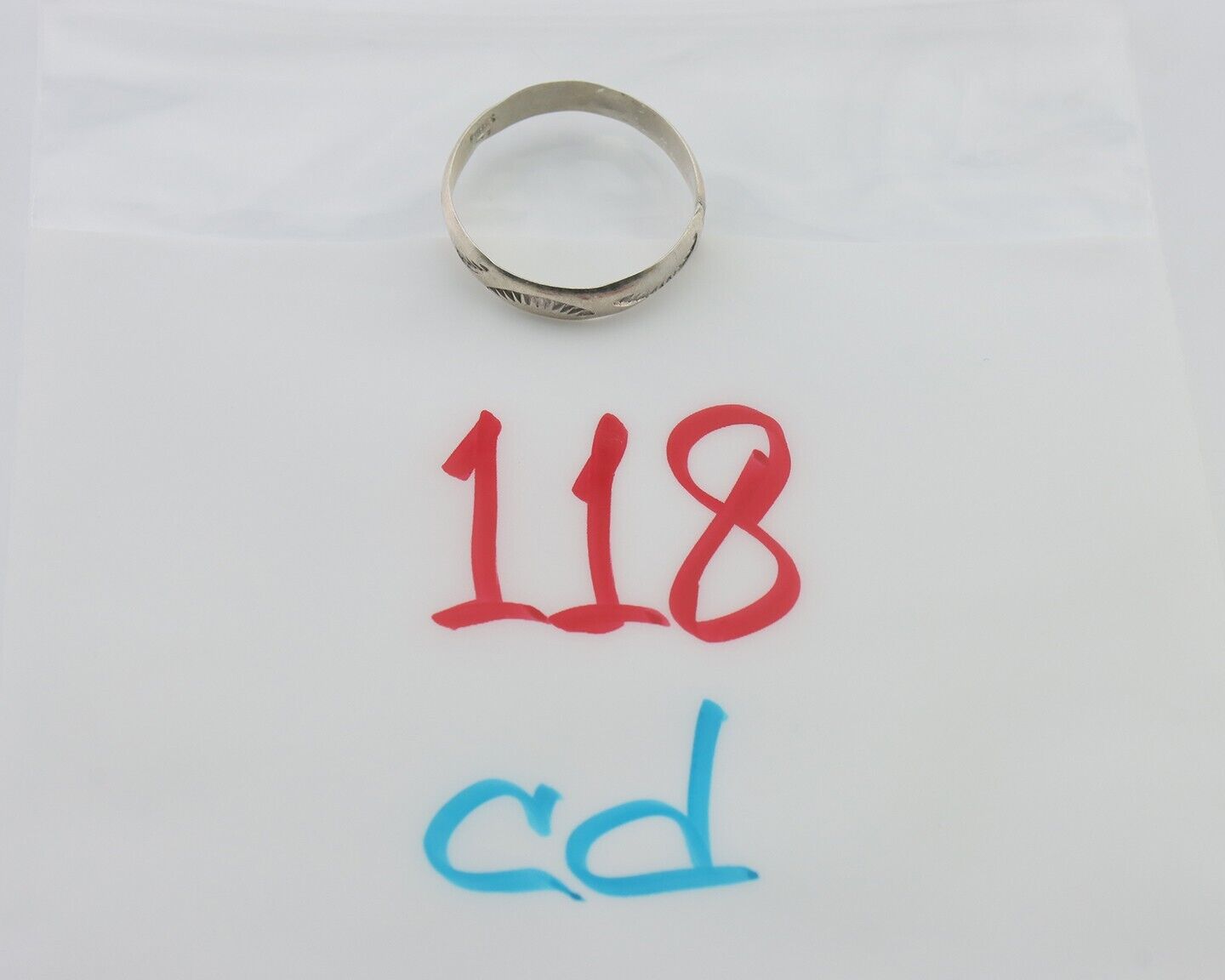 Navajo Hand Stamped Band 925 Silver 5.0 mm Signed Larry Chavez Size 12.25 C.80's