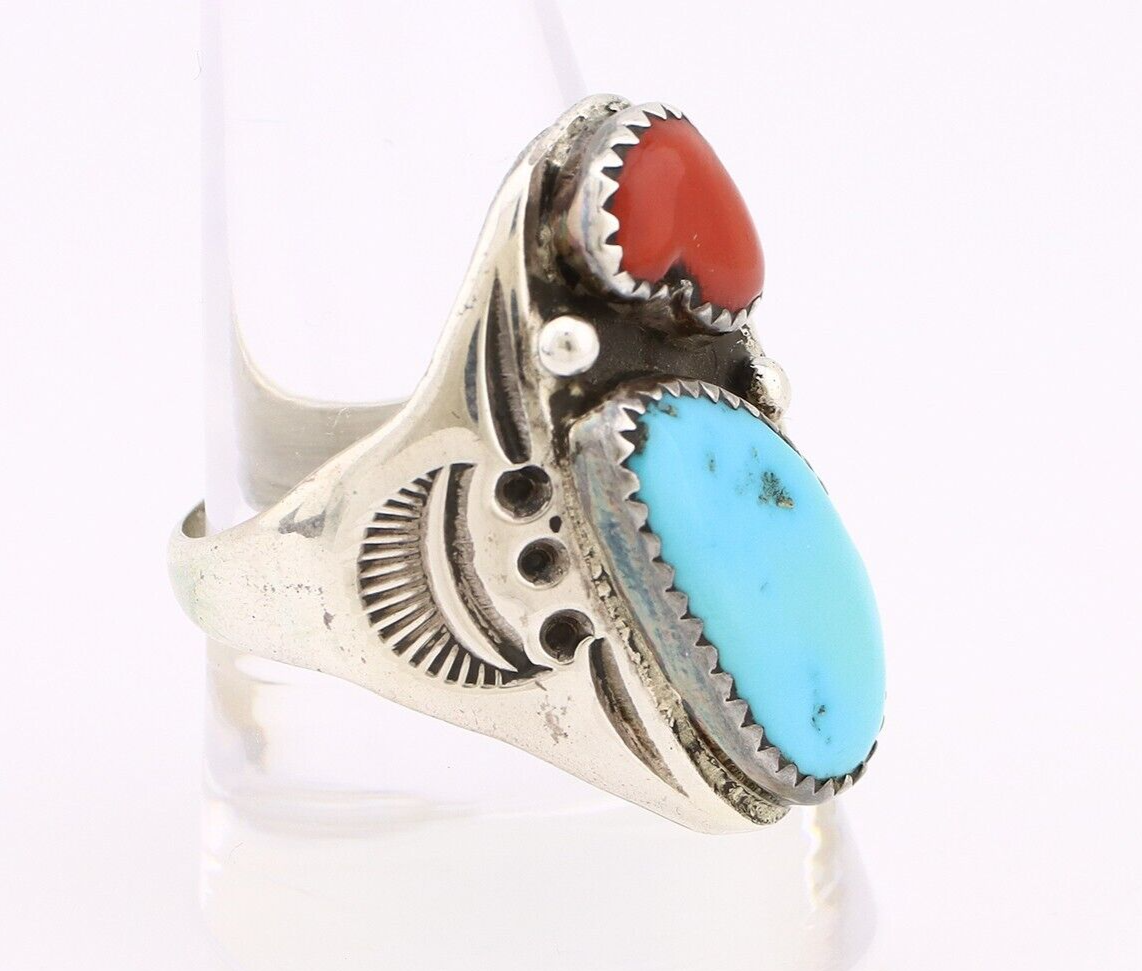 Navajo Ring 925 Silver Sleeping Beauty Turquoise & Coral Native Artist C.80s
