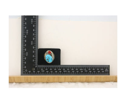 Men Heavy Navajo Ring 925 Sterling Natural Coral & Turquoise C.80's Size 12.25