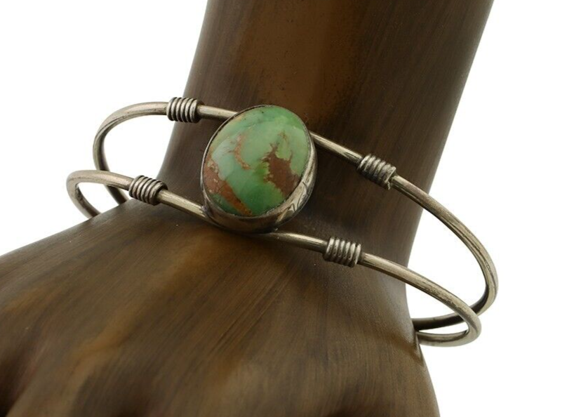 Navajo Bracelet 925 Silver Natural Green Turquoise Native American Artist C.80's