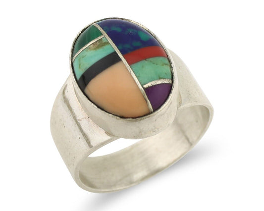Zuni Inlaid Ring 925 Silver Mixed Natural Gemstones Native American Artist C.80s