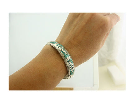 Navajo Bracelet 925 Silver Inlaid Turquoise Cuff Artist Signed LB C.80's