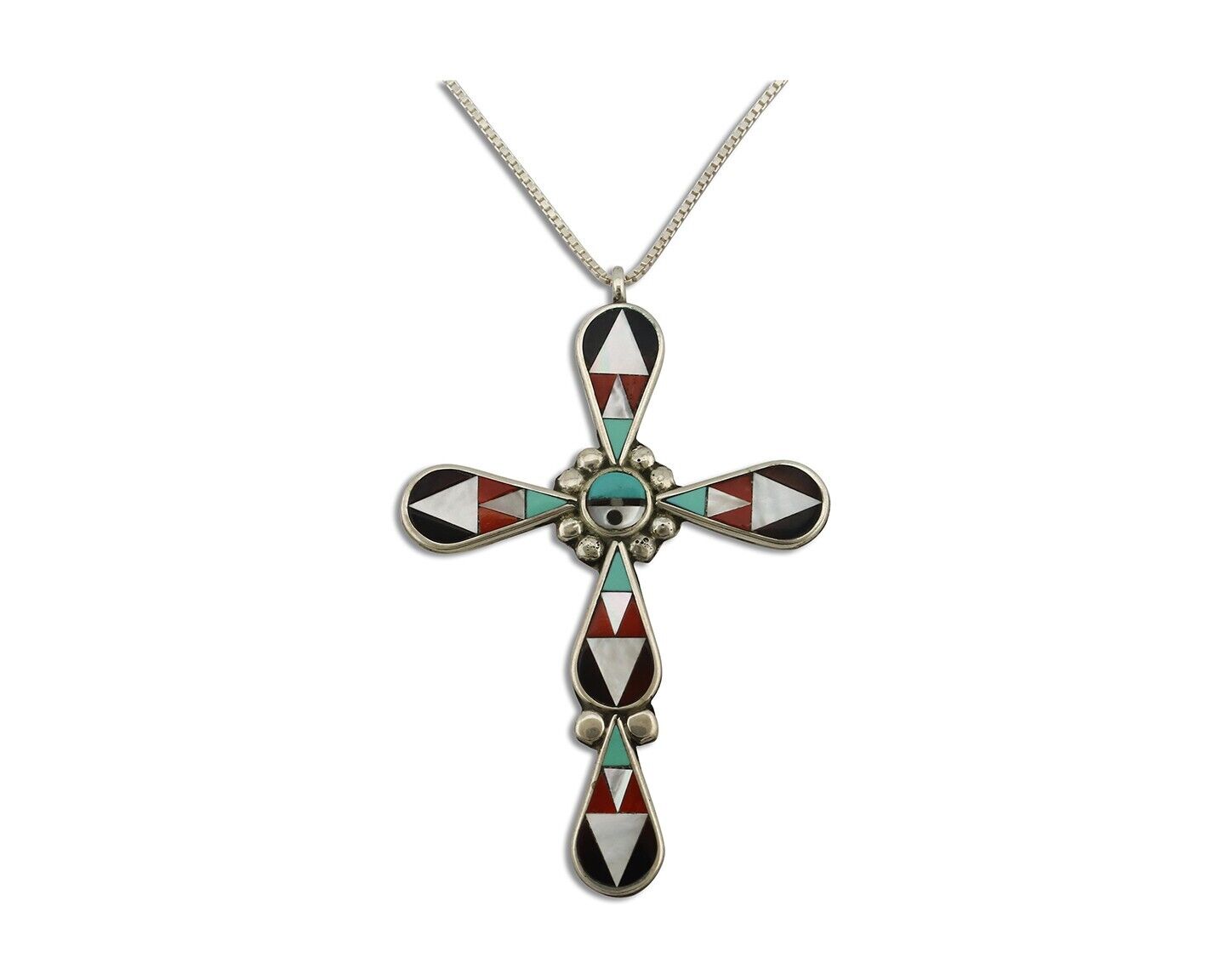 Zuni Cross Pendant 925 Silver Natural Gemstone Zeno & Maryann Edaaki C.80's