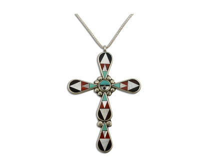 Zuni Cross Pendant 925 Silver Natural Gemstone Zeno & Maryann Edaaki C.80's