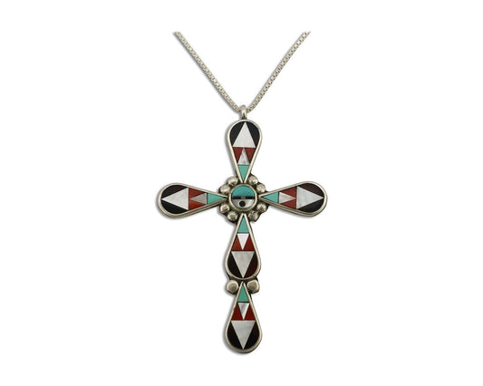 Zuni Cross Pendant 925 Silver Natural Gemstone Zeno & Maryann Edaaki C.80's