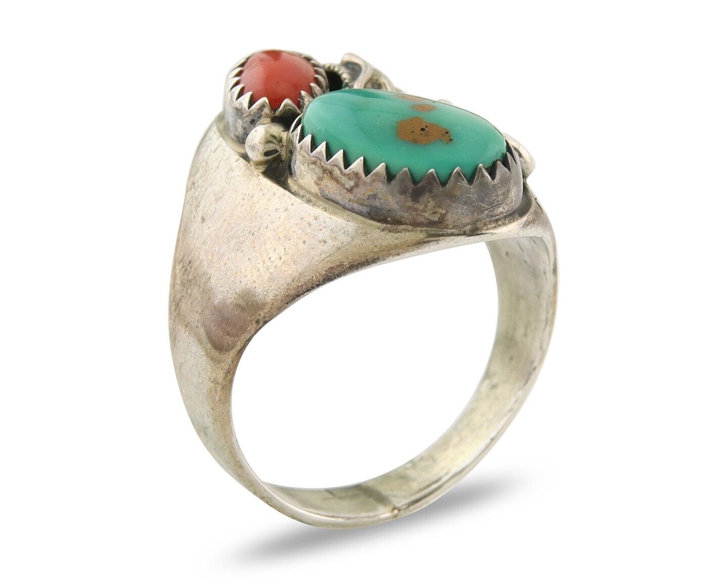Navajo Ring 925 Sterling Turquoise & Coral Native Artist C.80's Size 6.5