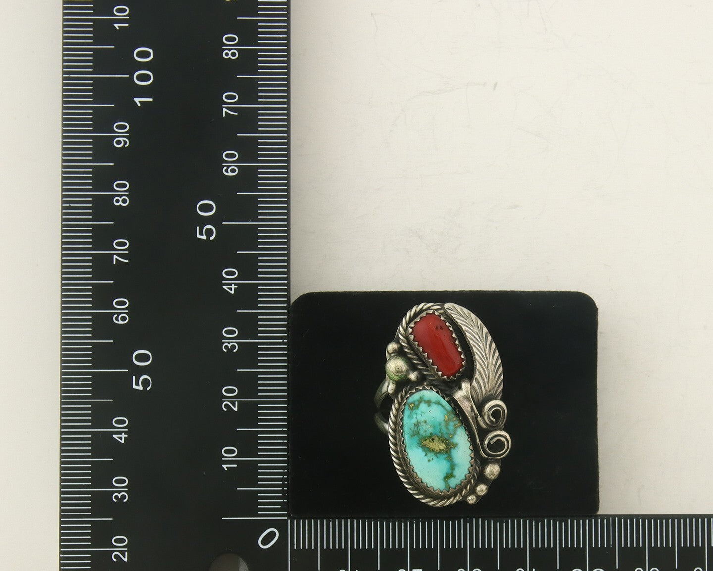 Navajo Ring 925 Sterling Natural Coral & Turquoise Signed JM C.80's Size 8.5