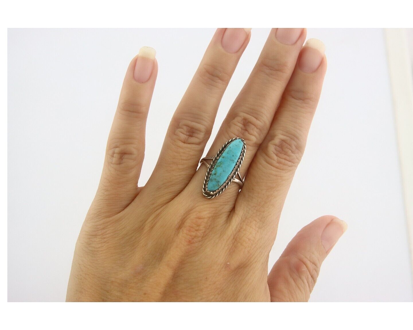 Navajo Ring 925 Sterling Natural Turquoise Native Artist C.80's Size 6.75