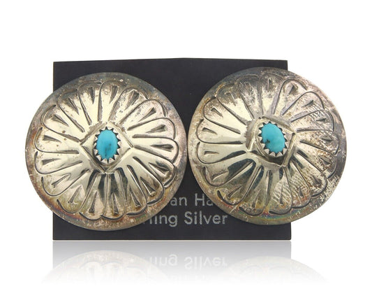Navajo Earrings 925 Silver Handmade Concho Natural Turquoise Native Artist C80s