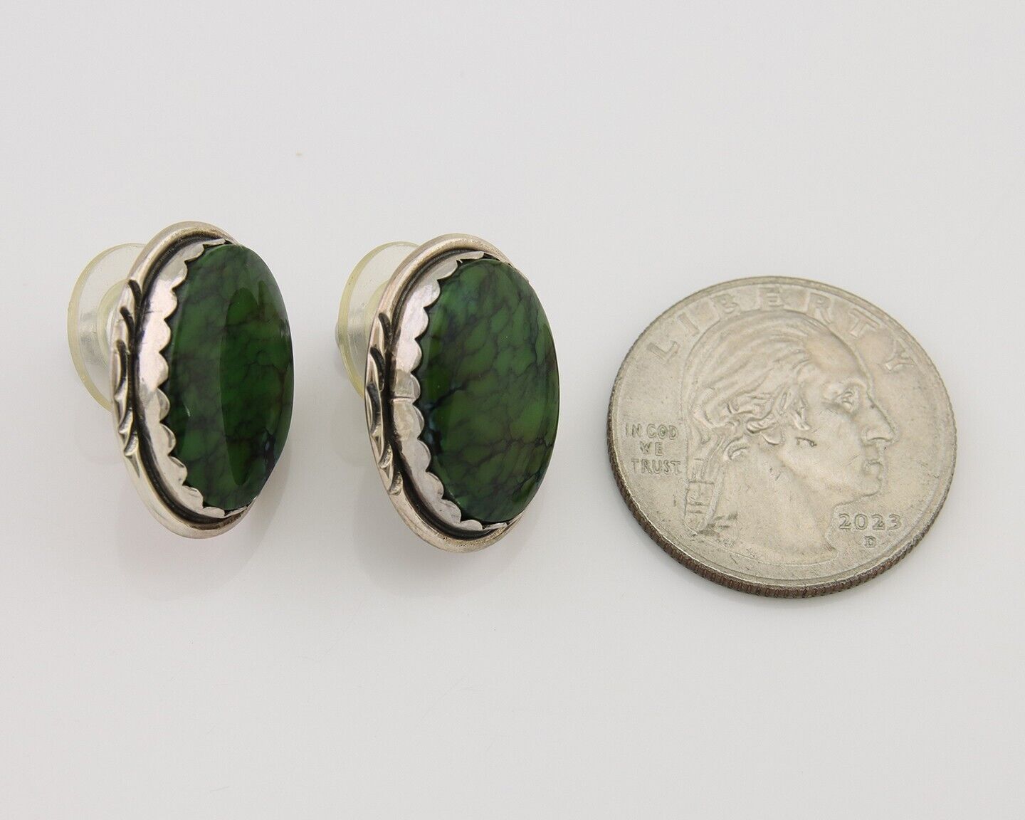 Navajo Earrings 925 Silver Natural Green Native American Artist C.80's