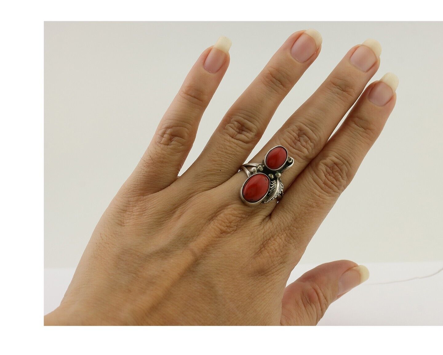 Navajo Ring 925 Silver Natural Mediterranean Coral Artist Signed A C.80's