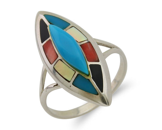 Navajo Ring 925 Silver Turquoise Shell Onyx Spiney Oyster Native Artist C80's