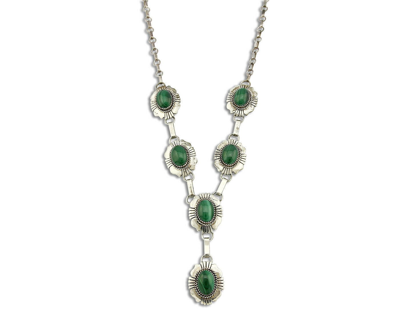 C.80-90's Navajo William Denetdale .925 SOLID Silver Natural Malachite Necklace