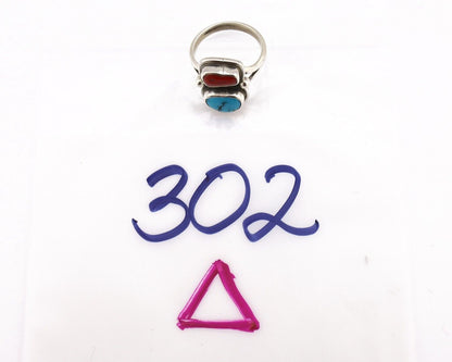 Navajo Ring 925 Silver SB Turquoise & Red Coral Native American Artist C.80s