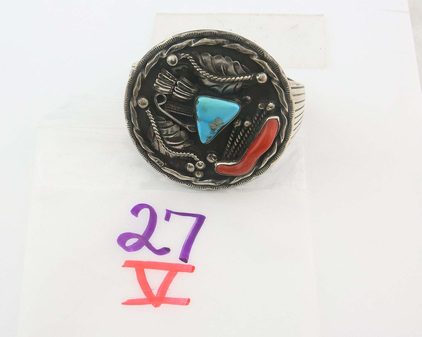 Navajo Bracelet 925 Silver Coral & Turquoise Native American Artist C.80's