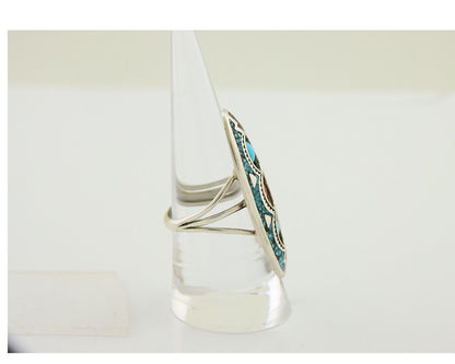 Navajo Handmade Ring 925 Silver Coral & Turquoise Signed Circle JW C.80's