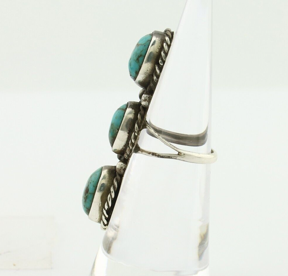 Navajo 3 Stone Ring 925 Silver Natural Kingman Turquoise Native Artist C.80's
