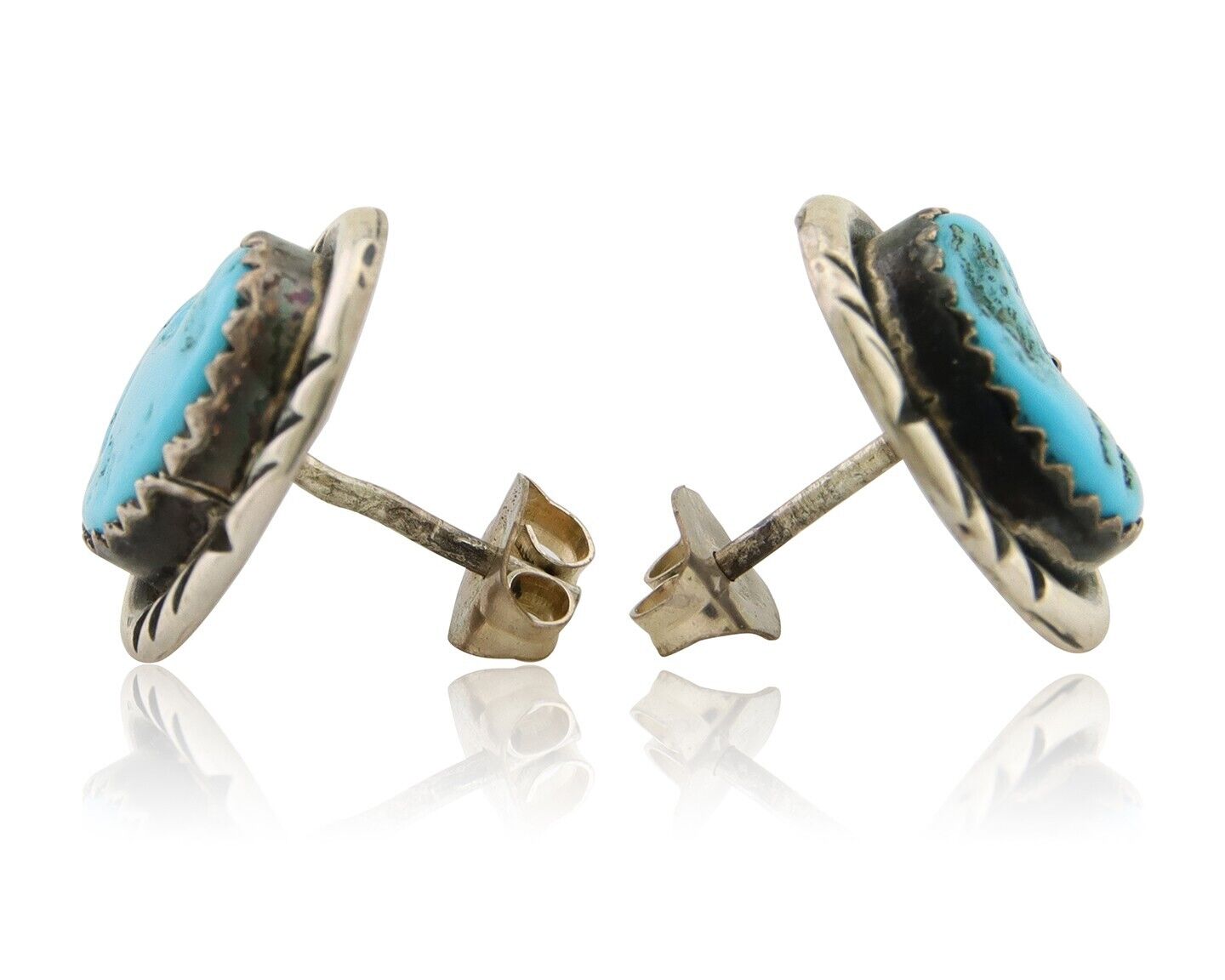 Navajo Hand Stamped Earrings 925 Silver Blue Turquoise Native Artist C.80's