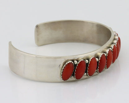 Navajo Bracelet 925 Silver Natural Red Coral Artist Signed Patrick Yazzie C.80's