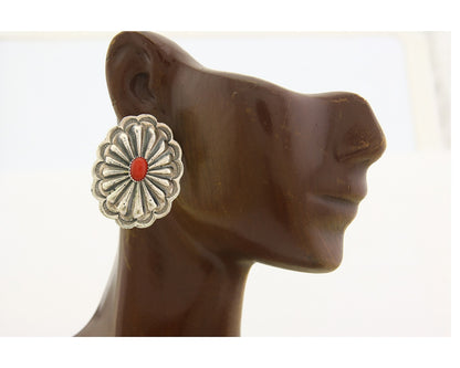 Navajo Earrings 925 Silver Natural Coral Native American Artist C.80's