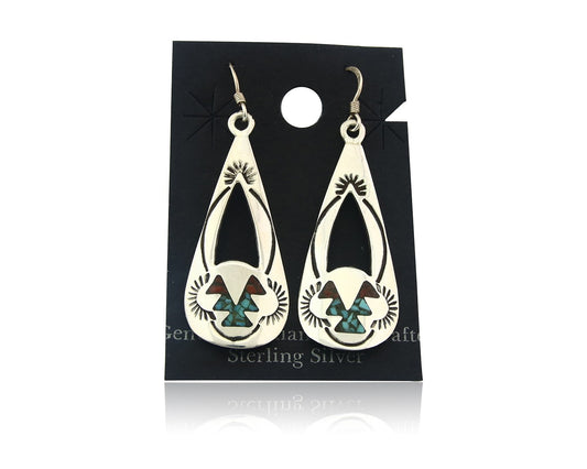 Navajo Earrings Sterling Silver Coral & Turquoise Vintage Dangle Handmade
