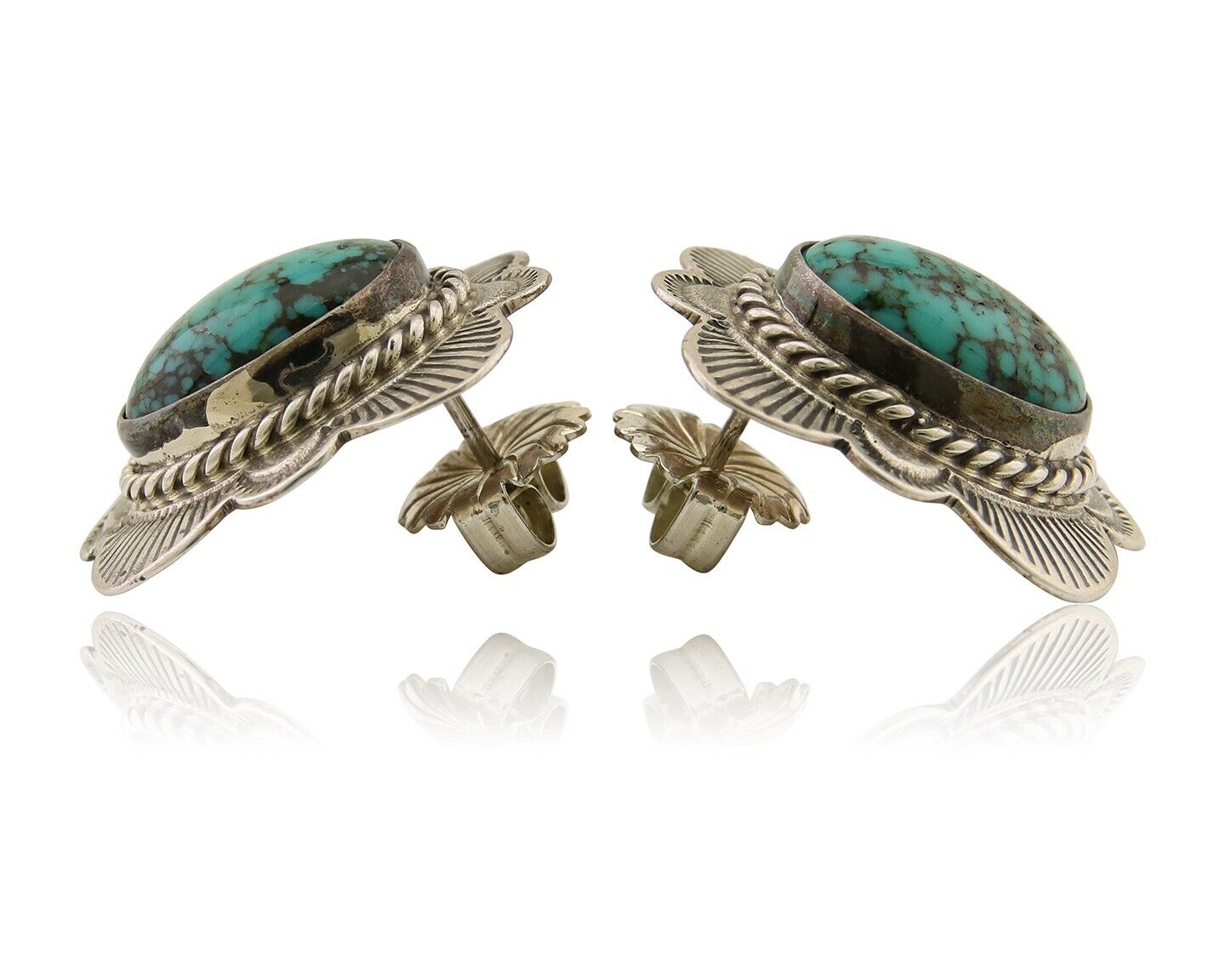 Navajo Earrings 925 Silver Inlaid Turquoise Artist Signed William Denetdale C80s