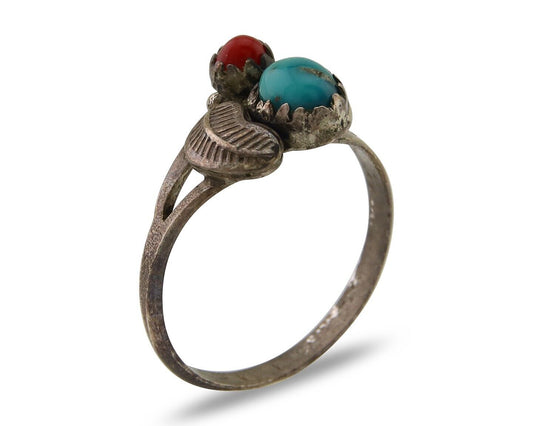Navajo Handmade Ring 925 Silver Turquoise & Coral Native Artist C.80's