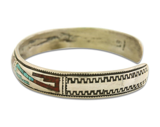 Navajo Bracelet 925 Silver Inlaid Coral & Turquoise Cuff Artist Signed LB C.80's
