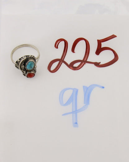 Navajo Handmade Ring 925 Silver Coral & Turquoise Native Artist C.80's