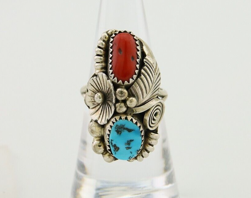 Navajo Handmade Ring 925 Silver Coral & Turquoise Signed Circle Max C.80's