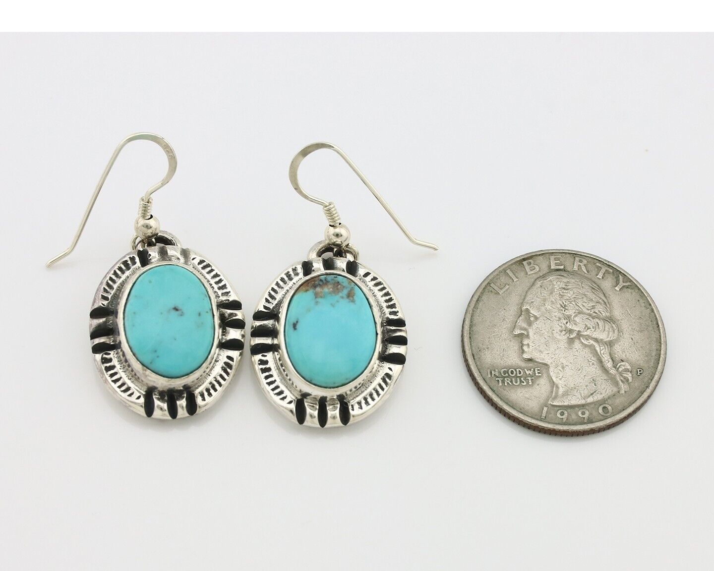 Navajo Handmade Earrings 925 Silver Natural Arizona Turquoise Signed Gecko C.80s