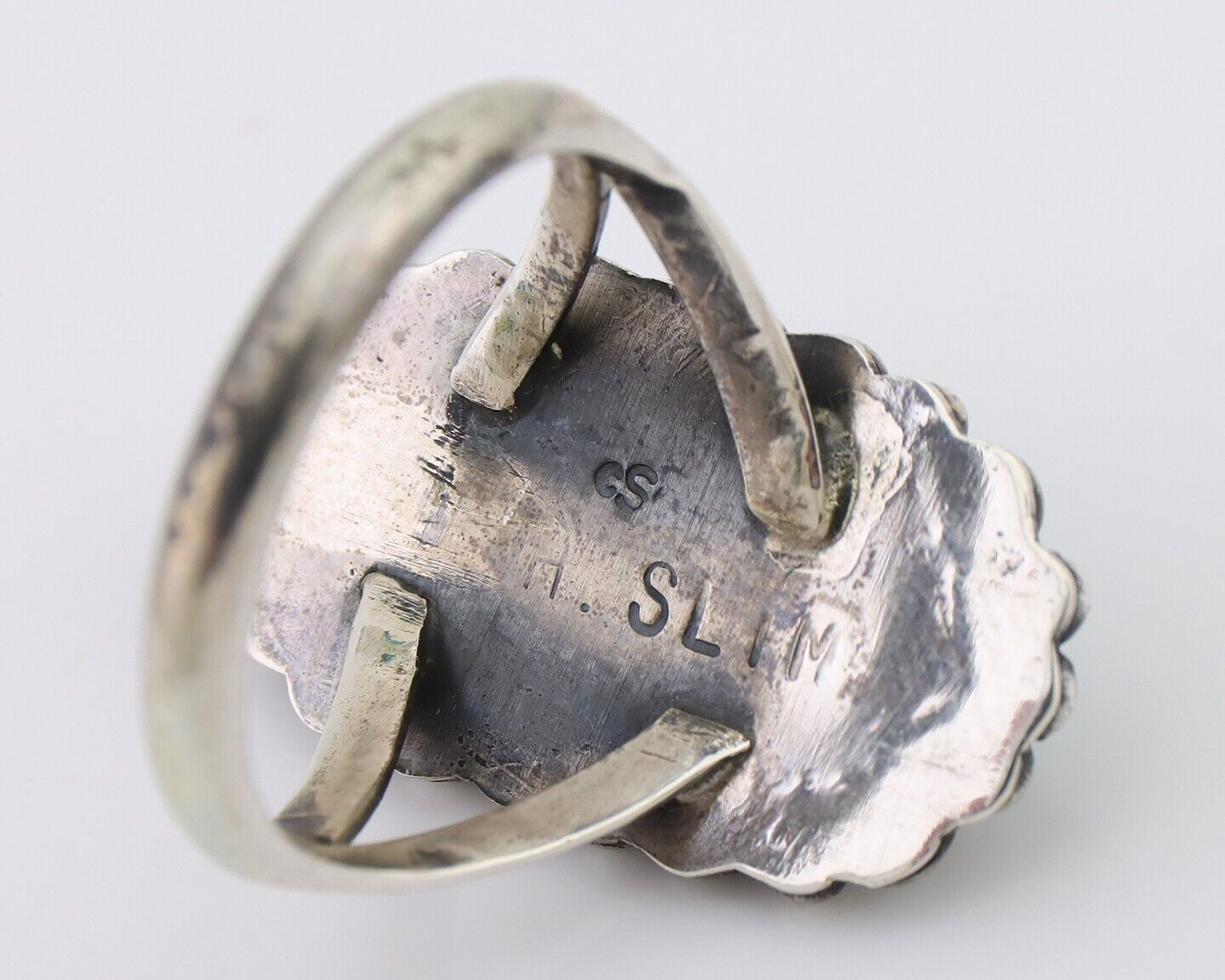 Navajo Ring 925 Silver Natural Blue Turquoise Signed H. Slim & CS C.80's