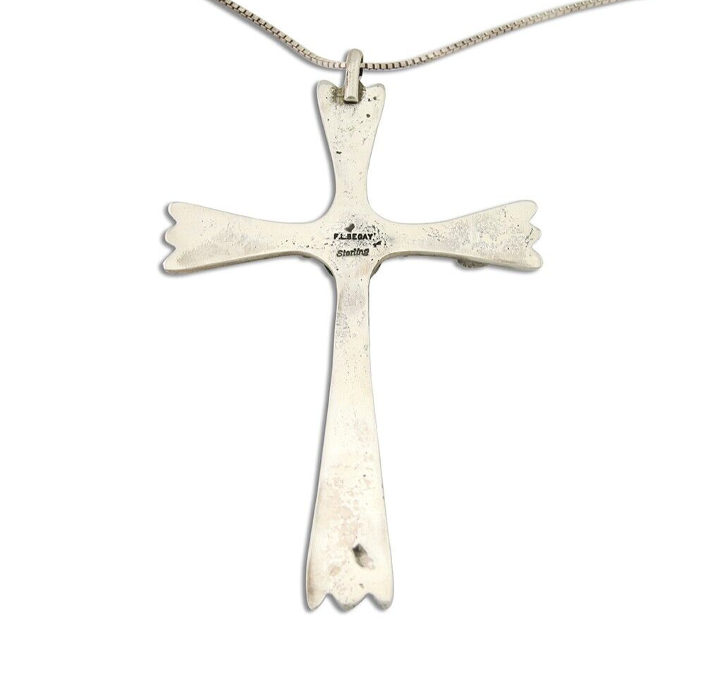 Navajo Sand Cast Cross Pendant 925 Silver Turquoise Signed FJ Begay C.80's