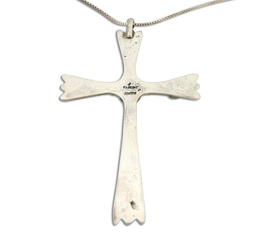 Navajo Sand Cast Cross Pendant 925 Silver Turquoise Signed FJ Begay C.80's
