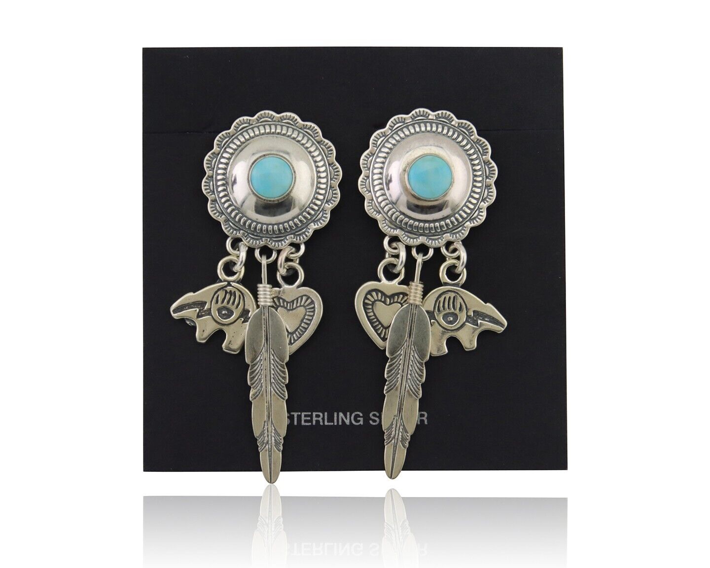 Navajo Concho Dangle Bear Feather Heart Earrings 925 Silver Natural Turquoise
